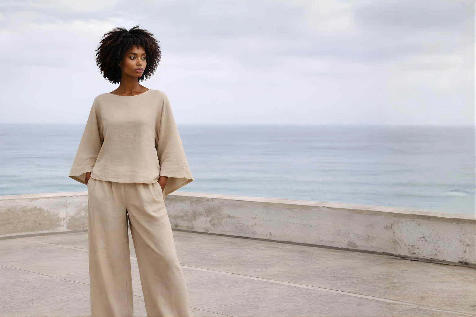 woman wearing light brown linen suit comfortable summer workwear outfit