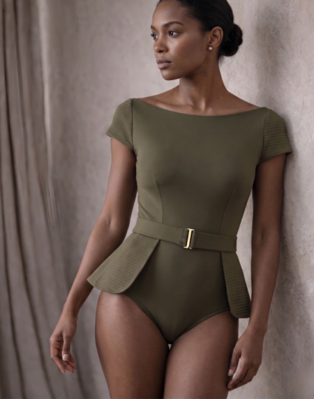 olive green Monroe peplum one-piece swimsuit with structured waist detail peplum and detailed stitching cap sleeves by Journey XX