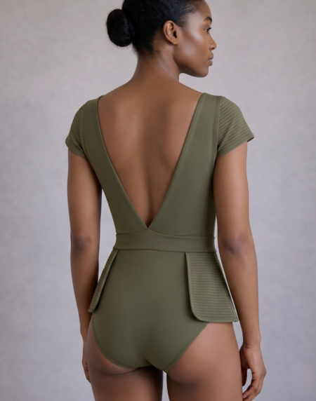 olive green Monroe peplum one-piece swimsuit with structured waist detail peplum and detailed stitching cap sleeves and deep-v back by Journey XX